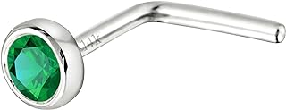 Jewelry Avalanche Solid 14K Gold L-Shape Stud Bezel Set Emerald 22G L-Bend Nose Stud - 14K White Gold / 14K Yellow Gold May Birthstone Nose Ring Stud