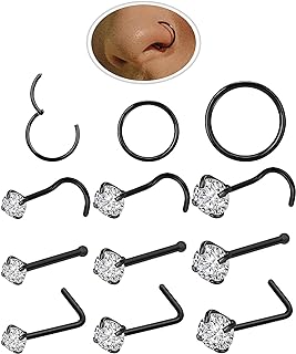 18g Nose Rings Hoop and 20g Nose Studs Sets for Women Men Girls,Hypoallergenic 316L Surgical Stainless Steel Hinged Clicker Segment Nose Rings Hoop Helix Cartilage Daith Tragus Sleeper Earrings Silver Gold Black L Shape/Corkscrew/Straight Nose Studs Real Body Piercing Jewelry