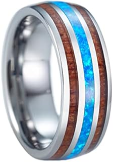 8mm Opal Tungsten Carbide Hawaiian Koa Tree Wood with Created Comfort Fit Ring Engagement Wedding Band Dome Style Weighted High Polished Finish with Gift box