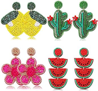 4 Pairs Beaded Earrings for Women Boho Geometric Beaded Dangle Earrings Statement Pineapple Flower Drop Earrings Colorful Summer Earrings Set Jewelry Gift