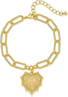 CLASSYZINT Gold Heart Chain Bracelet for Women, Elegant Love Heart Charms Bracelet Adjustable Paperclip Link with Cubic Zirconia Embellishments