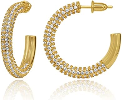 AceLay 14k Gold Plated Hoop Earrings - Cubic Zirconia Studded Earrings with Sterling Silver Post and Hinged Hoop - Hypoallergenic Nickel Free Jewelry for Women