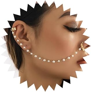 Punk Pearl Beaded Crystal Nose Ring with Chain-to-Ear Cuff, Non-Piercing, Alloy Fake Septum Ring with Dangle Chain for Women, Comfortable and Lightweight