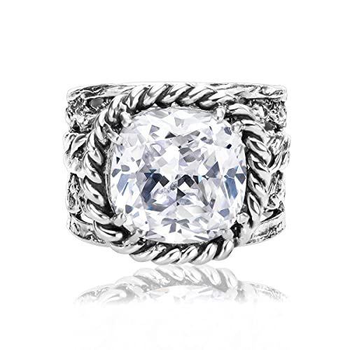 925 Sterling Silver Ring With Cushion Cubic Zirconia CZ, Multi Textured, Vintage Look Stylish Hypoallergenic, Nickel and Lead-free, Artisan Handcrafted Designer Collection Made in Israel (Size 5-11)