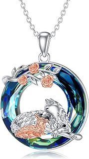 925 Sterling Silver Wolf Pendant Necklace with Cable Chain and Blue Crystal for Women - Animal Inspired Design