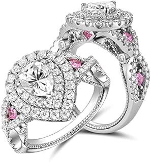 DovEggs Moissanite Engagement Rings for Women 3.1ctw Total 6x8mm GHI Color Pear Cut Moissanite Vintage Anniversary Double Halo Split Shank Pink Sapphire Accents 14K Gold QUALITY Sterling Silver(7)