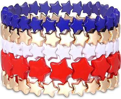 5Pcs American Flag Beaded Bracelets 4th of July Bracelet for Women Stackable Patriotic Red White Blue Stars Charm Stretch Bracelet Independence Day Memorial Day Party Jewelry Gifts