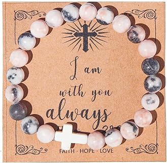 Christian Gifts for Women, Men Cross Beads Stretch Bracelet Catholic Religious Jewelry Gifts Healing Natural Stone Pink Zebra Bracelet for Women Godmother Teen Girls, Mothers Day Gifts,Birthday Gifts,Easter Jewelry Gifts,Inspirational Gifts