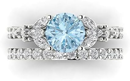 Clara Pucci 2.66 carat Round Shape 3 stone Natural Swiss Blue Topaz Engagement Wedding Anniversary Bridal Ring band set 14k White Gold