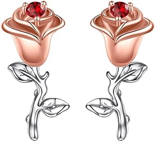 Iefil Birthstone Earrings Gifts for Women Girls, Sterling Silver Rose Flower Birthstone Stud Earrings for Women Teen Girls, Mothers Day Anniversary Birthday Gifts for Women Girls