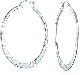 Boho Large Hammered Flat Thin Large Hoop Earrings For Women For Teen .925 Sterling Silver 1.5 Inch Diameter