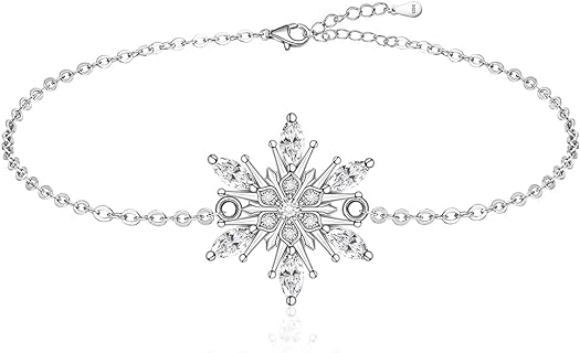 Women's Sterling Silver Christmas Bracelet with Cubic Zirconia Studded Snowflake Design, Box-and-Link Chain and Lobster Claw Clasp - Perfect Winter/Christmas Gift