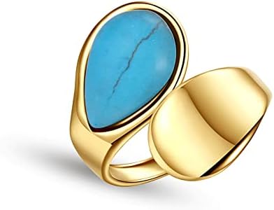 Adjustable Gold-Tone Stainless Steel Titanium Turquoise Rings for Women and Teen Girls with Water Drop Design