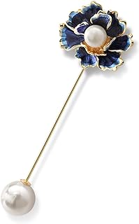 Gem Stone King Cultured Freshwater Pearl Dark Blue Rose Flower Yellow Plated Large Brooch Pin for Women | 90MM = 3.5 Inch
