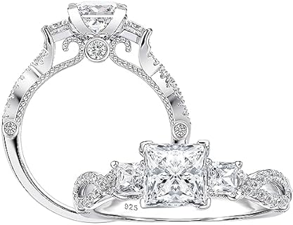 SHELOVES Vintage Three Stone Princess Cut AAAAA CZ Wedding Engagement Rings For Women 925 Sterling Silver 5-10
