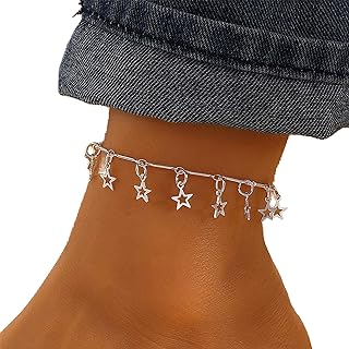 YienDoo Boho Star Anklet Bracelet Silver Star Pendant Ankle Chain Hollow Stars Satellite Foot Chain Hawaiian Beach Star Foot Jewelry for Women and Girls