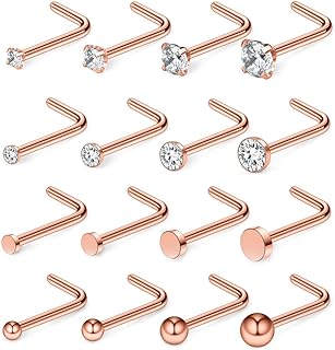 Ruifan 20G 18G Surgical Steel 1.5mm-3mm Flat Ball Clear Diamond CZ Opal Heart Nose Stud Rings L Shaped Piercing Jewelry 16-24PCS