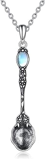 POPLYKE Sterling Silver Cable Chain Necklace for Women & Men - Hypoallergenic Vintage-Inspired Mini Teaspoon Pendant with Moonstone Gem
