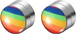 LGBT Pride Rainbow Non-Pierced 10mm Stainless Steel Magnetic Clip-On Earrings with Sleek Round Design