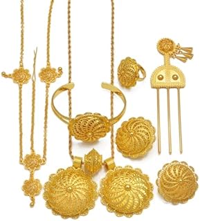 Ethiopian Traditional Jewelry | Eritrean Jewelry for Women Set | Ethiopian African Jewelry Wedding Sets 6pcs Includes Earrings, Necklace Pendant, Ring, Bangle, Hair Chain, Hairpin