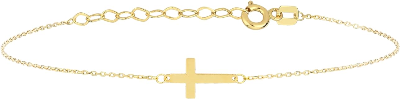 14K Solid Gold Cross Bracelet for Women, Teen Girls, Baby, Real Solid Gold Sideways Adjustable Cross Bracelet, Gold Plated Bracelet for Women, Religious, Christian Baptism Gift for Her