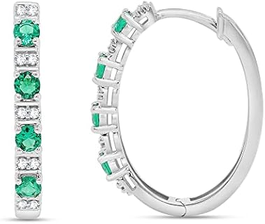 10K White Gold Hoop Earrings with Round Green Emerald and White Diamond for Women, Hidden-Snap-Posts Back Finding