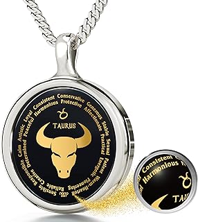 925 Sterling Silver Taurus Necklace Zodiac Pendant Star Sign Birthdays 20th April to 20th May Jewelry Inscribed in 24k Gold on Black Onyx Gemstone, 18" Rolo Chain