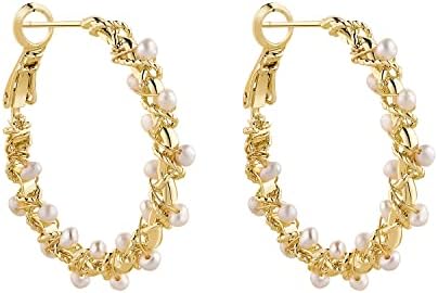 Kemstone Gold Hoop Earrings, 925 Silver Post Freshwater Pearls Hoop Earrings for Women