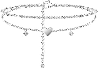 Anklet Bracelets for Women, Layered Heart Ankle Bracelet Silver Plated Cubic Zirconia & Heart Charm Anklets for Women, Summer Foot Jewelry Anklets Set Gifts for Her,Teen Girl, Mom, Wife, Girlfriend