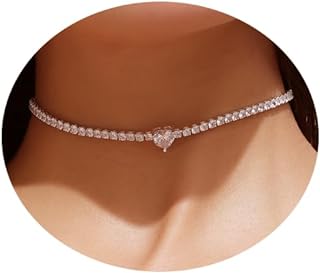 Cubic Zirconia Diamond Silver Choker Necklace with Lobster Claw Clasp for Women, Heart Design Tennis Chain Style