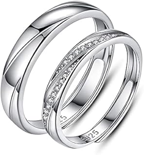 MIKAMU Adjustable Ocean Engagement Rings in Sterling Silver with Cubic Zirconia for Couples - 925 Silver His & Her Promise/Anniversary Rings