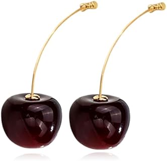 ANDPAI 18K Gold Plated Fruit Earring 3D Green Leaf Red Cherry Charm Tassel Dangle Drop Stud Earrings for Women Girls