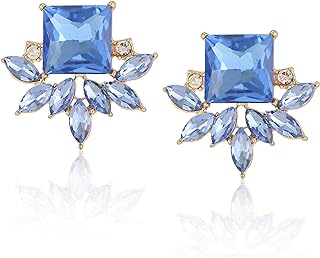 Blue Clip-on Vintage Rhinestone Cluster Drop Earrings with Stainless Steel Latch-Back for Women and Girls - Fancy Crystal Big Stud Design