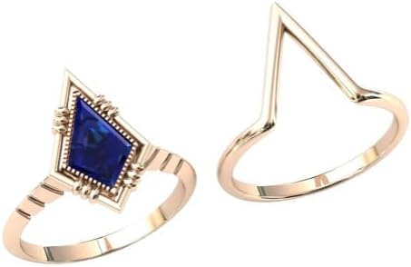 4.5 CT Kite Shaped Blue 18K Sapphire Engagement Ring Set Vintage Art Deco Blue Sapphire Wedding Ring Unique Blue Sapphire Rings Set For Women