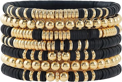 Gold Beaded Bracelets for Women and Men Bohemian Friendship Bracelets Clay Bracelets Vinyl Disc Stretch Layering Stackable Bead Bracelets Summer Surfer Heishi Beach Jewelry Kit