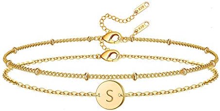 Glimmerst Initial Bracelet for Women, 18K Gold Plated Stainless Steel Layered Coin Letter Bracelet Beaded Chain Personalized Name Bracelet for Girls