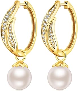 Sterling Silver Large Pearl Hoop Earrings with Lever Back for Women, Elegant Dangle Drop Design