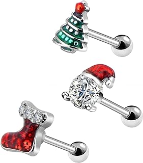 Push-Back Christmas Nose Rings with Cubic Zirconia Gems for Women and Girls in Santa and Pine Designs