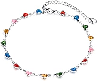 JIPSJICI Women's Stainless Steel Colorful Rainbow Heart Anklet with Box Chain and Lobster Claw Clasp