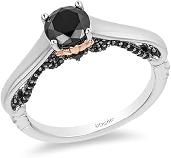 14K White and Rose Gold Jewelili Enchanted Disney Ursula Villain Engagement Ring with Black Diamonds for Women - Ocean-Inspired Design