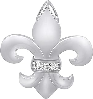 Elegant Genuine Diamond Fleur-de-Lis Pendant Necklace (.07 Carat, I1-I2 Clarity) in 925 Sterling Silver with Lobster Clasp and Cable Chain