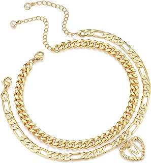 ABDOT Dainty Gold Ankle Bracelets for Women 14K Gold Plated Heart Initial Anklets for Women Teen Girls Stackable Cuban Figaro Chains Women's Anklets Anklets for Women Waterproof