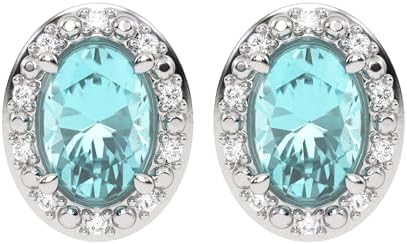 Secure Post-Closure Aquamarine Diamond Earrings in 10K White Gold for Women and Girls, Timeless Oval Stud Design