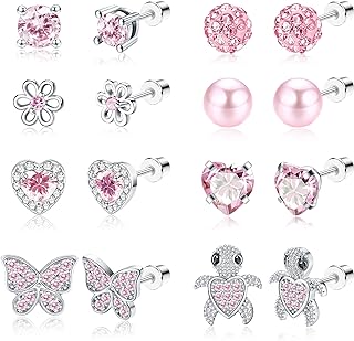 Helicopchain 6-10 Pairs Hypoallergenic Screwback Earrings Studs for Women Teens 316L Stainless Steel CZ Heart Screw Back Earring Studs Flower Multicolored Butterfly Stud Earrings Set