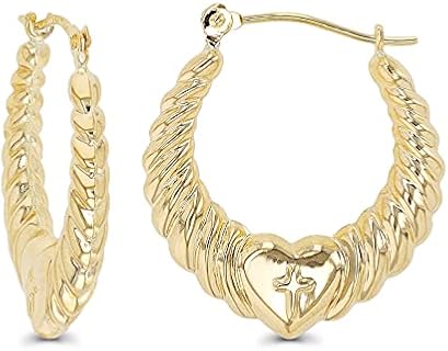 14K Yellow Gold Shrimp Heart Hoop Earrings with Click-Top Back Finding and Cubic Zirconia, Perfect for Women - Elegant Heart-Shaped Design