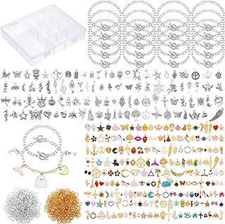 Riceshoot 321 Pcs Charm Bracelet Making Kit Bracelet Chains with OT Toggle Clasp Gold Enamel Pendants Mixed Tibetan Silver Plastic Storage Box and Open Jump Rings for Women Girls DIY Jewelry Making