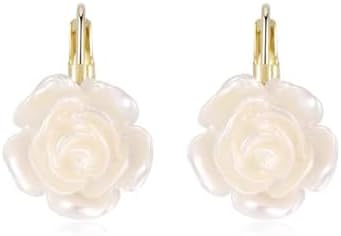 Hypoallergenic 14k Gold Plated White Camellia Flower Leverback Drop Dangle Earrings for Women and Girls, Dainty Floral Lightweight Huggie Hoops, Elegant Birthday and Holiday Jewelry Gift