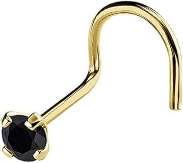 Jewelry Avalanche 22G Solid 14Kt Gold Nose Screw Stud with Prong Set real Black Diamond Gemstone, 14kt Yellow Gold or 14kt White Gold - April Birthstone Nose Ring