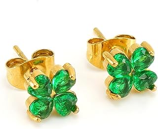 Niaspi Four Leaf Clover Stud Earrings for Women Girls 18K Gold Plated Stainless Steel Small Green CZ Shamrock ST Patricks Day Irish Cartilage Studs Earrings Jewelry