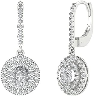 Lever Back 2.04 Carat Round Cut Lab-Grown Diamond Halo Drop Earrings in 14K White Gold